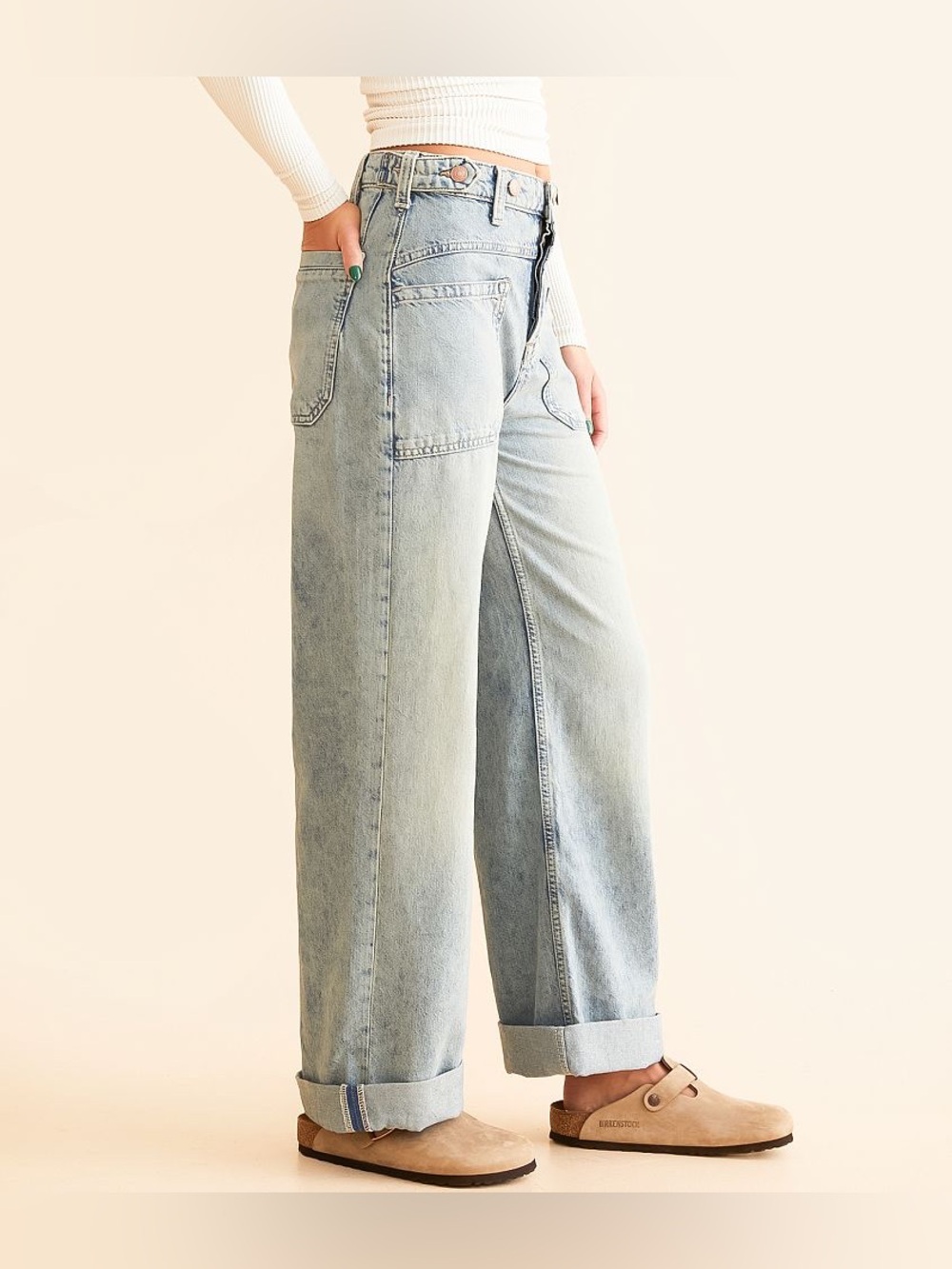 Free People We the Free Palmer Wide Leg Cuffed Denim Jeans in La La Land 28 NWT - Picture 14 of 16